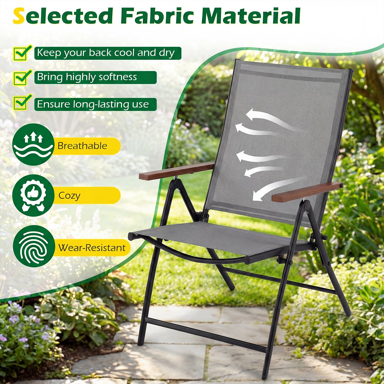 Breathable Fabric Folding Patio Chairs Set of 4-Grey