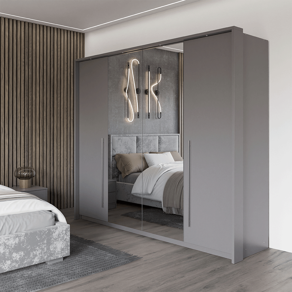 Grey Mirrored Folding Sliding Door Wardrobe 255cm – DUNHAM