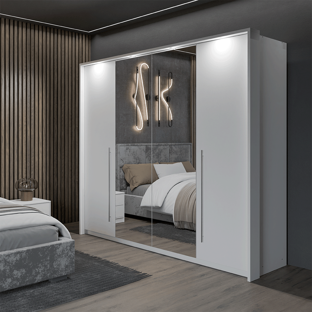 White Mirrored Folding Sliding Door Wardrobe 255cm – DUNHAM