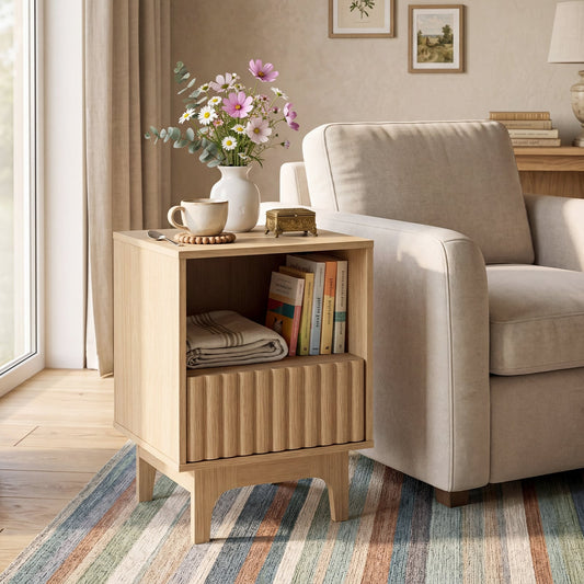 Brooklyn Fluted Nightstand Modern Wooden Night Stand with Open Compartment-Natural