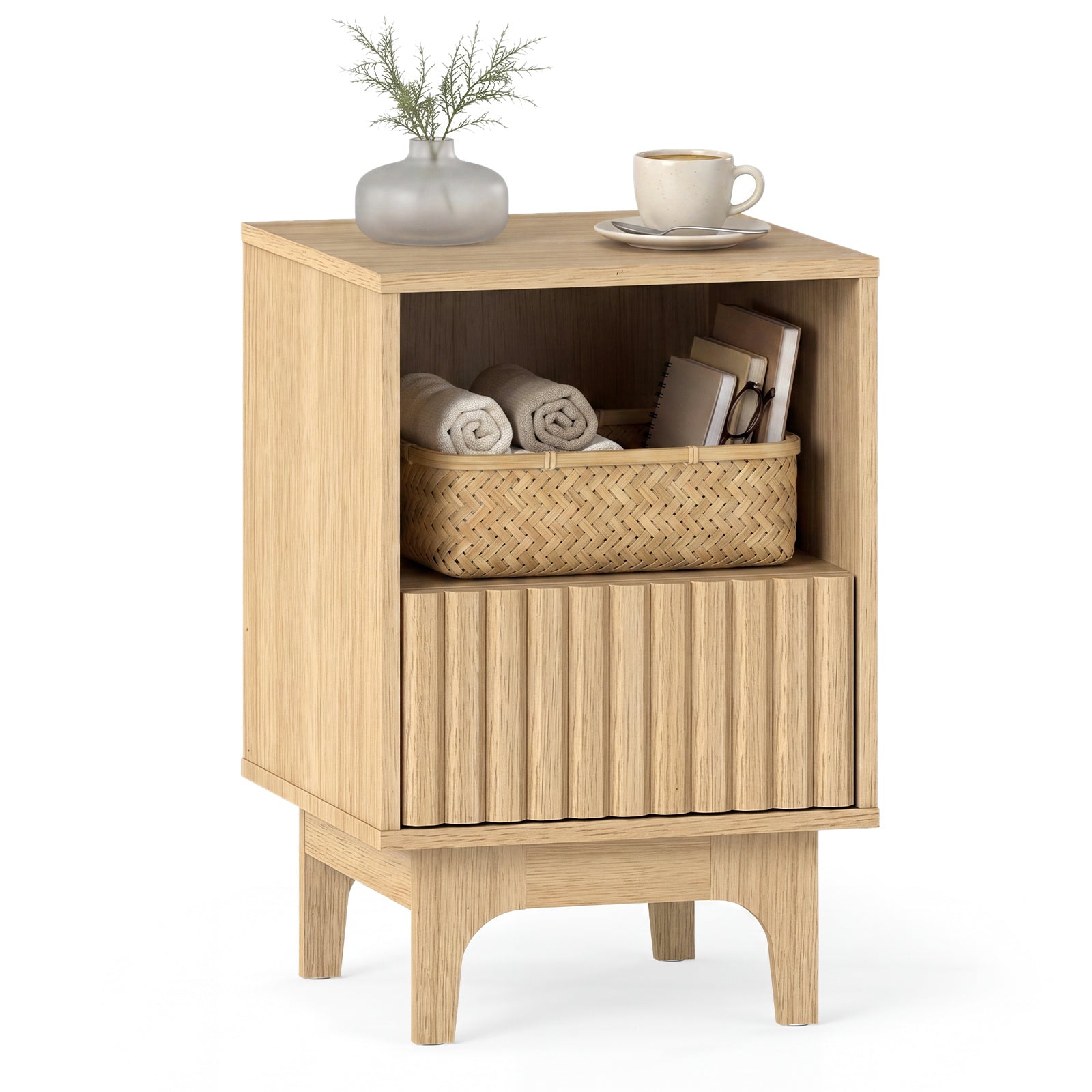 Brooklyn Fluted Nightstand Modern Wooden Night Stand with Open Compartment-Natural