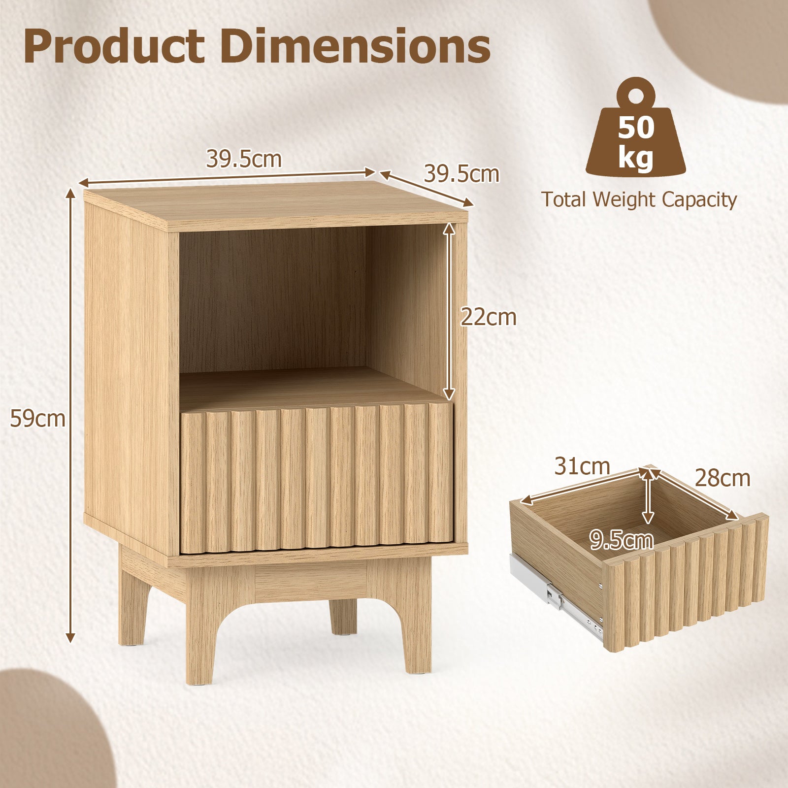 Brooklyn Fluted Nightstand Modern Wooden Night Stand with Open Compartment-Natural