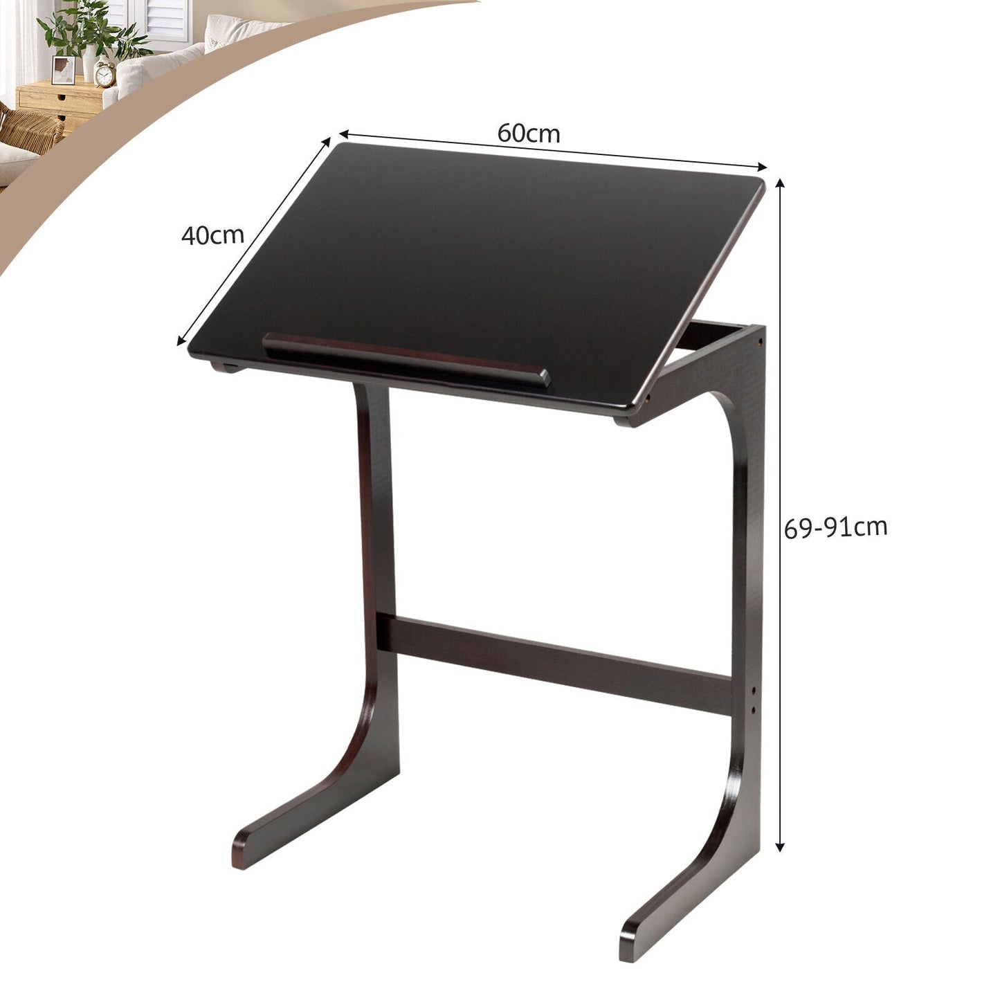 C-ShapedBamboo Side Table with 7 Adjustable Angles-Brown