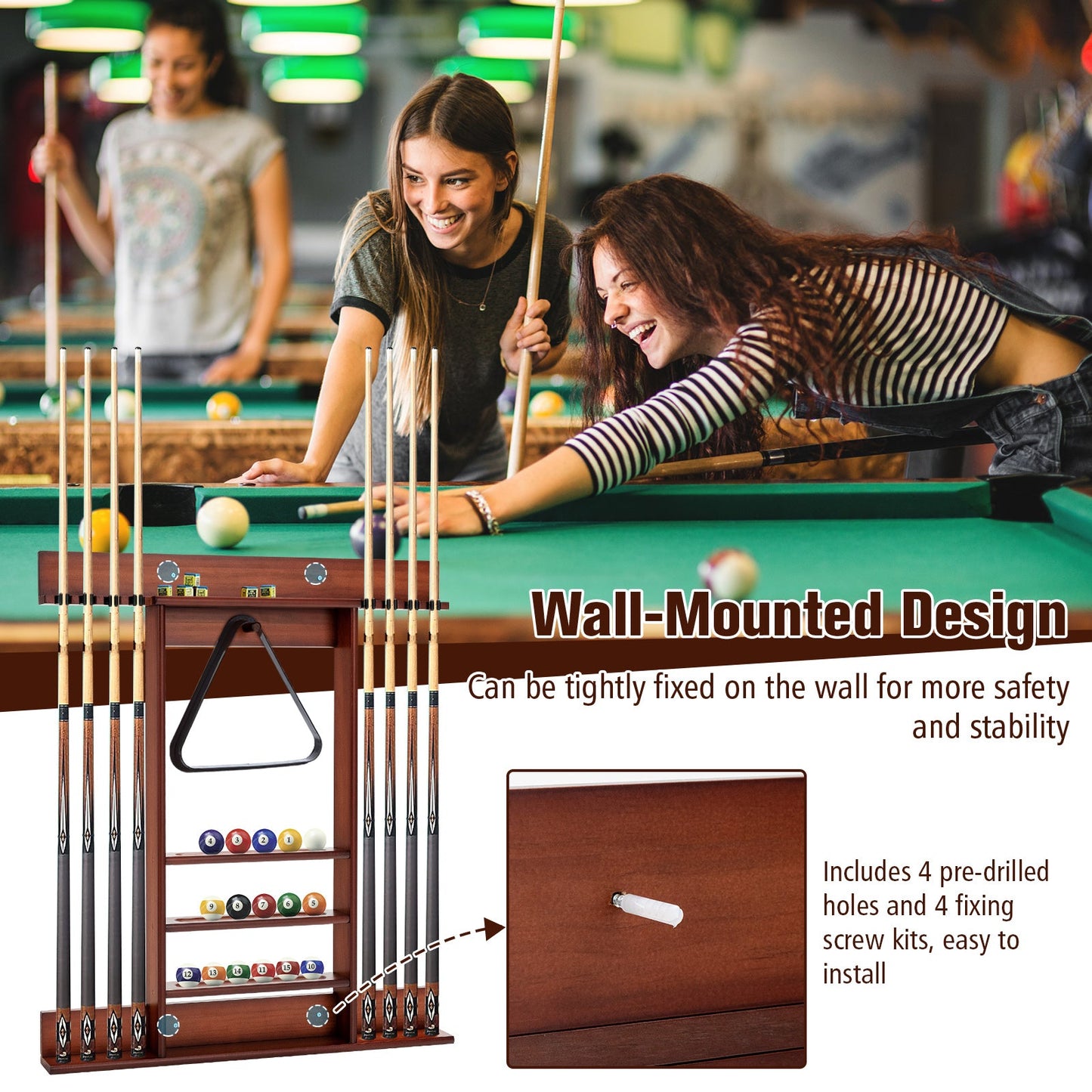 Wall-Mounted Billiards Pool Cue Rack-Brown