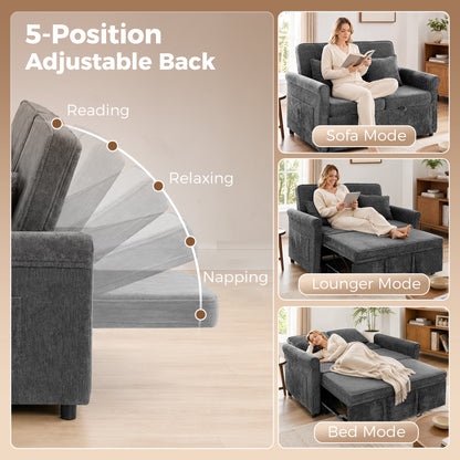 HOMCOM 2 Seater Sofa Bed 3-in-1 Convertible Chenille Pull Out Sleeper Sofa with 5-Position Adjustable Backrest, Grey