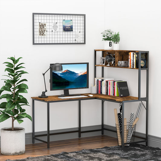 HOMCOM Biurko w kształcie litery L z odwracalnym blatem, industrialne biurko komputerowe, biurko narożne ze schowkami i stalową ramą do domowego biura, gabinetu, 140 x 125 cm, brązowe