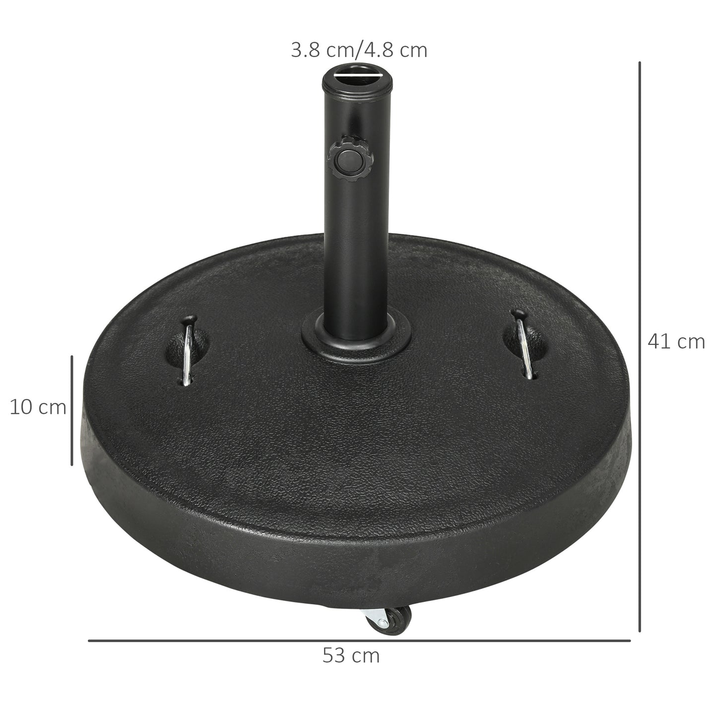 Outsunny 23.5kg Resin Garden Parasol Base with Wheels and Retractable Handles, Round Outdoor Market Umbrella Stand Weight for Poles of â38mm to â48mm, Black