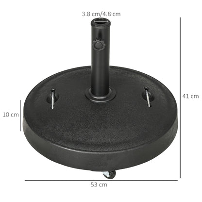 Outsunny 23.5kg Resin Garden Parasol Base with Wheels and Retractable Handles, Round Outdoor Market Umbrella Stand Weight for Poles of â38mm to â48mm, Black