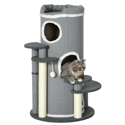 PawHut Barrel Shaped Cat Tree with Sisal Scratching Posts, Cat Bed, Platforms, Hanging Ball, Grey, Grey