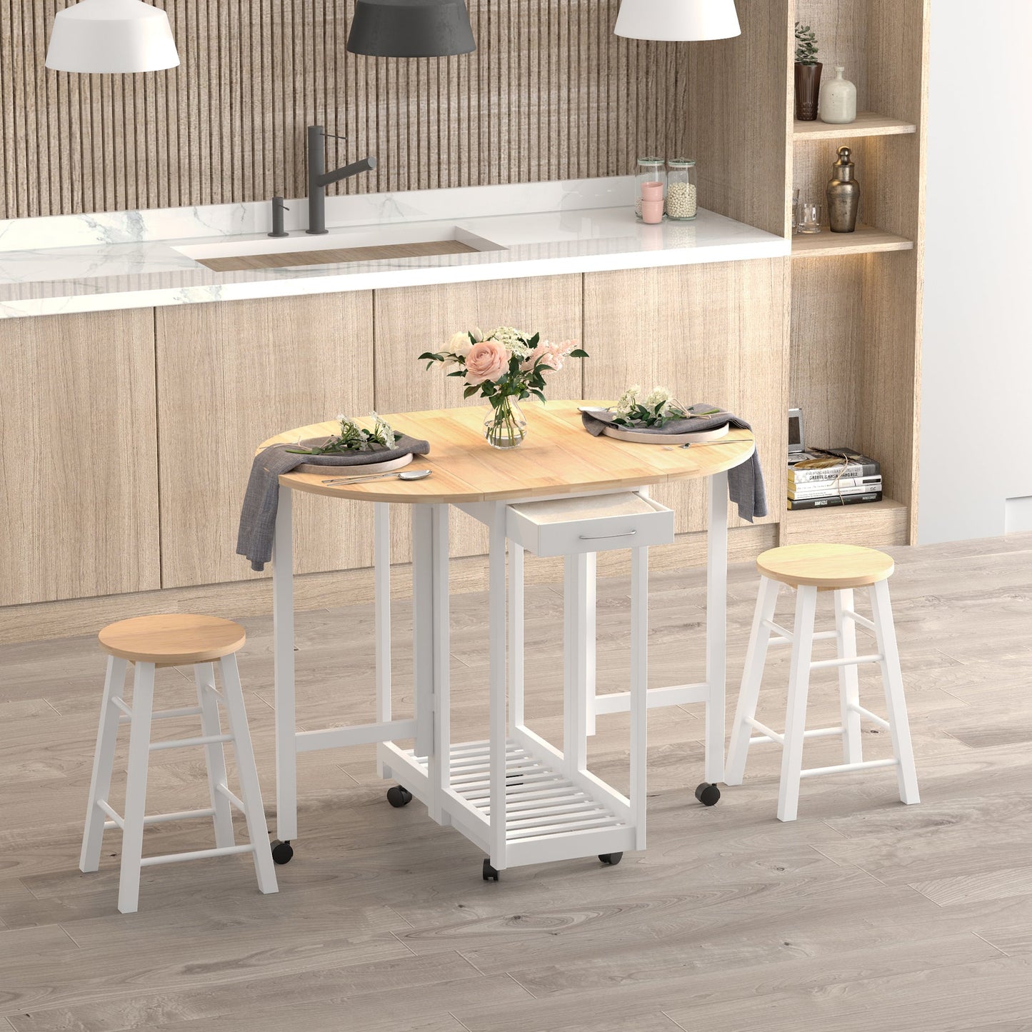 HOMCOM 3 Pieces Dining Room Set, Mobile Foldable Dining Table and 2 Stools with Storage Shelf, 2 Drawers and 6 Wheels, Drop Leaf Bar Table and Stools for Home Kitchen Pub, White