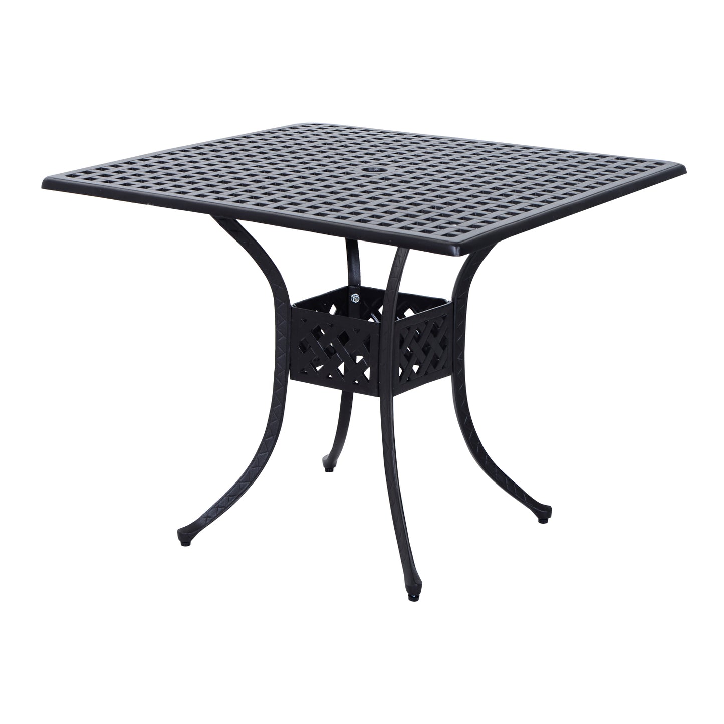 Outsunny 90cm kwadratowy stół ogrodowy z otworem na parasol, aluminiowy motyw siatki, stół jadalny na zewnątrz do ogrodu na patio, czarny