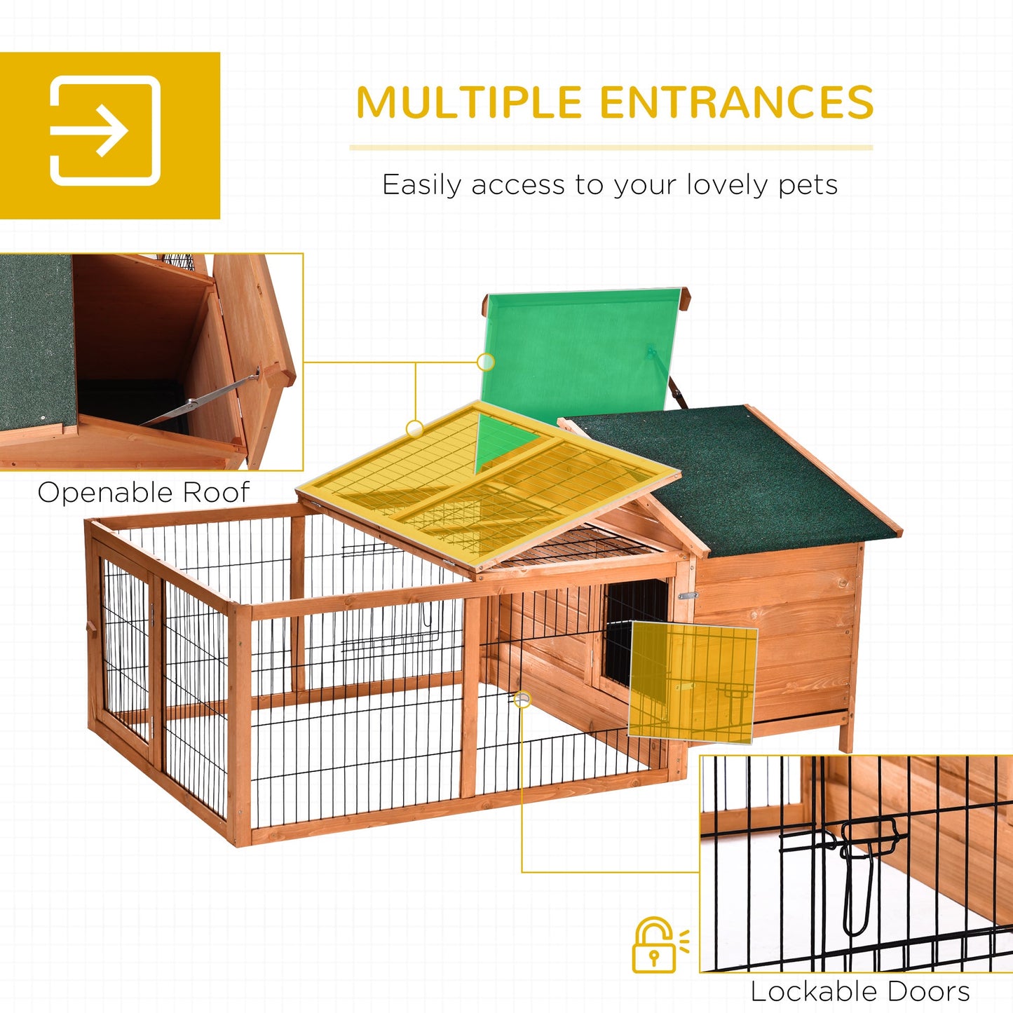 PawHut Wooden Rabbit Hutch Outdoor, Guinea Pig Hutch, Detachable Pet House Animal Cage with Openable Run & Roof Lockable Door Slide-out Tray 146 x 95 x 69cm