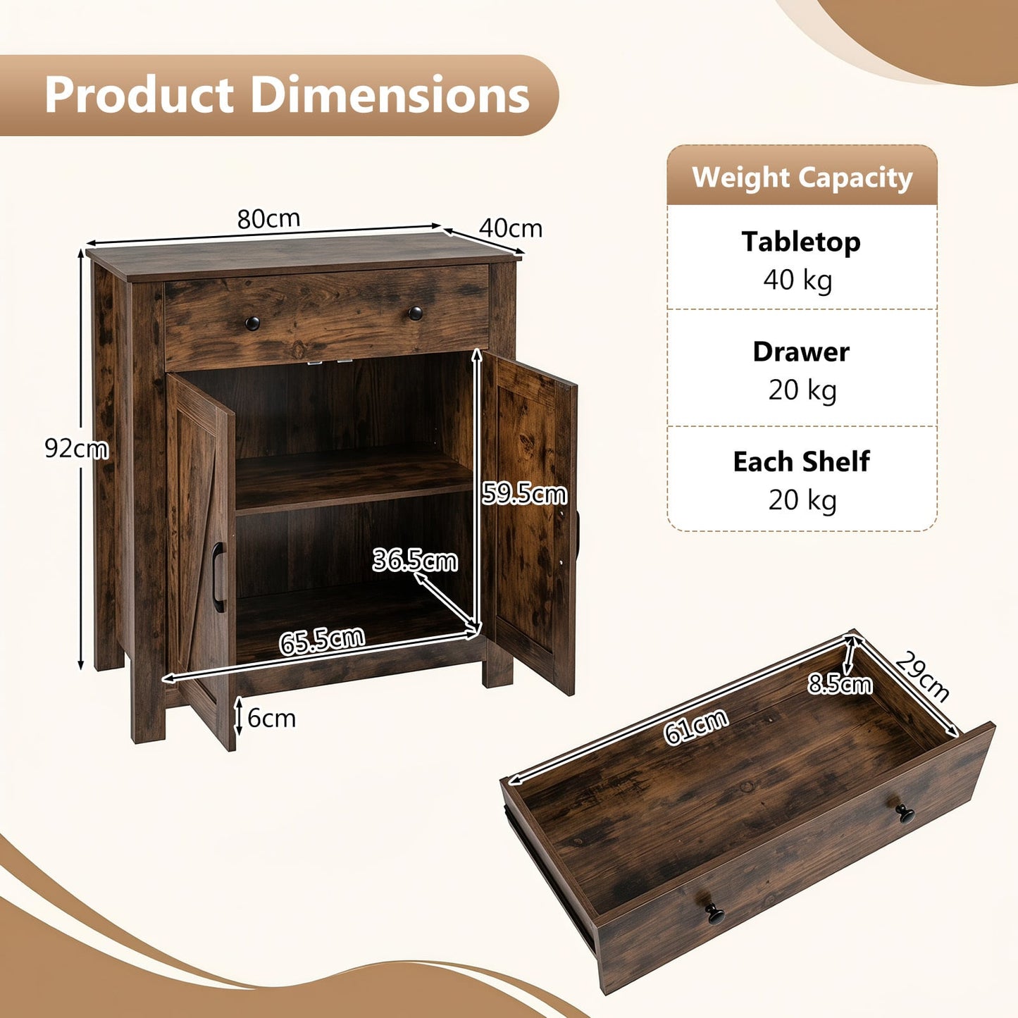 Buffet Cabinet 80 cm Farmhouse Side Board Cabinet with 5-Tier Adjustable Shelf-Rustic Brown