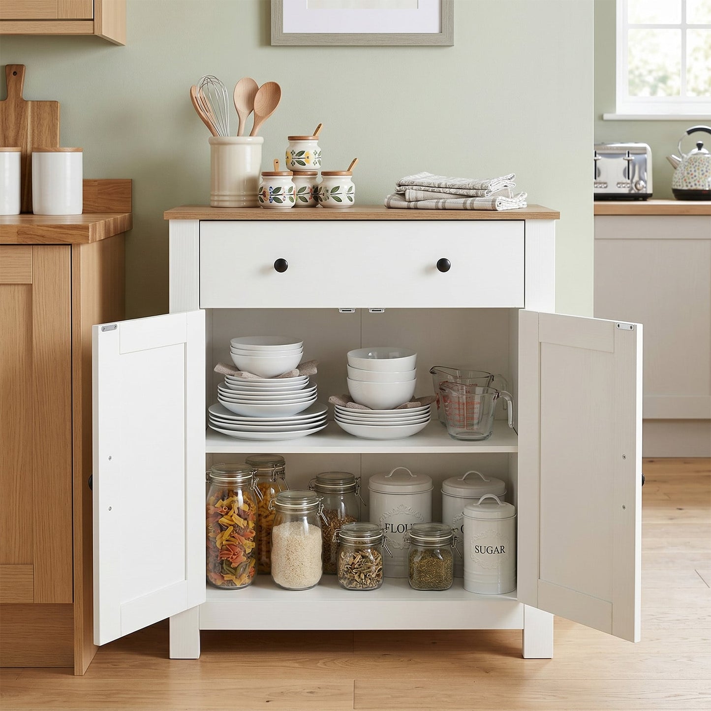Buffet Cabinet 80 cm Farmhouse Side Board Cabinet with 5-Tier Adjustable Shelf-White