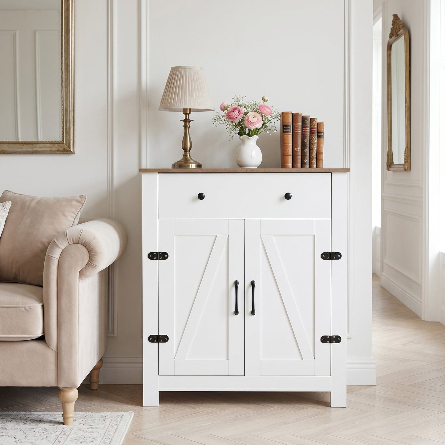 Buffet Cabinet 80 cm Farmhouse Side Board Cabinet with 5-Tier Adjustable Shelf-White