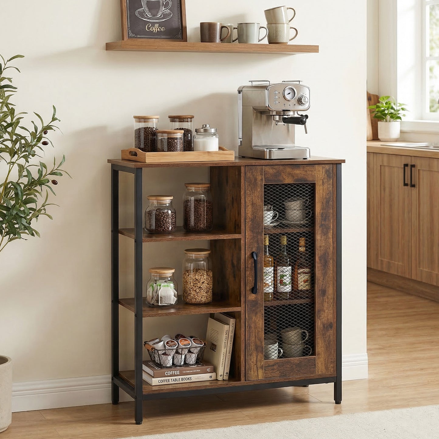 Buffet Cabinet with Adjustable Shelves and Carbon Steel Frame for Living Room-Rustic Brown