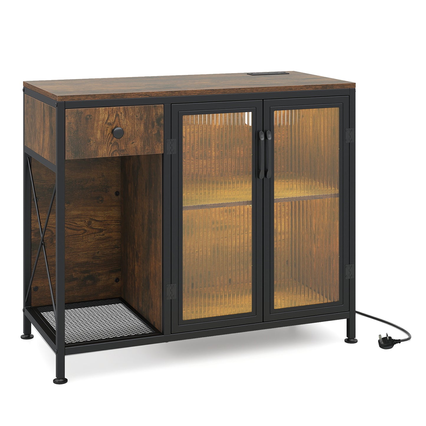 Buffet Sideboard with Power Outlets and LED Light Kitchen Storage Cabinet-Rustic Brown