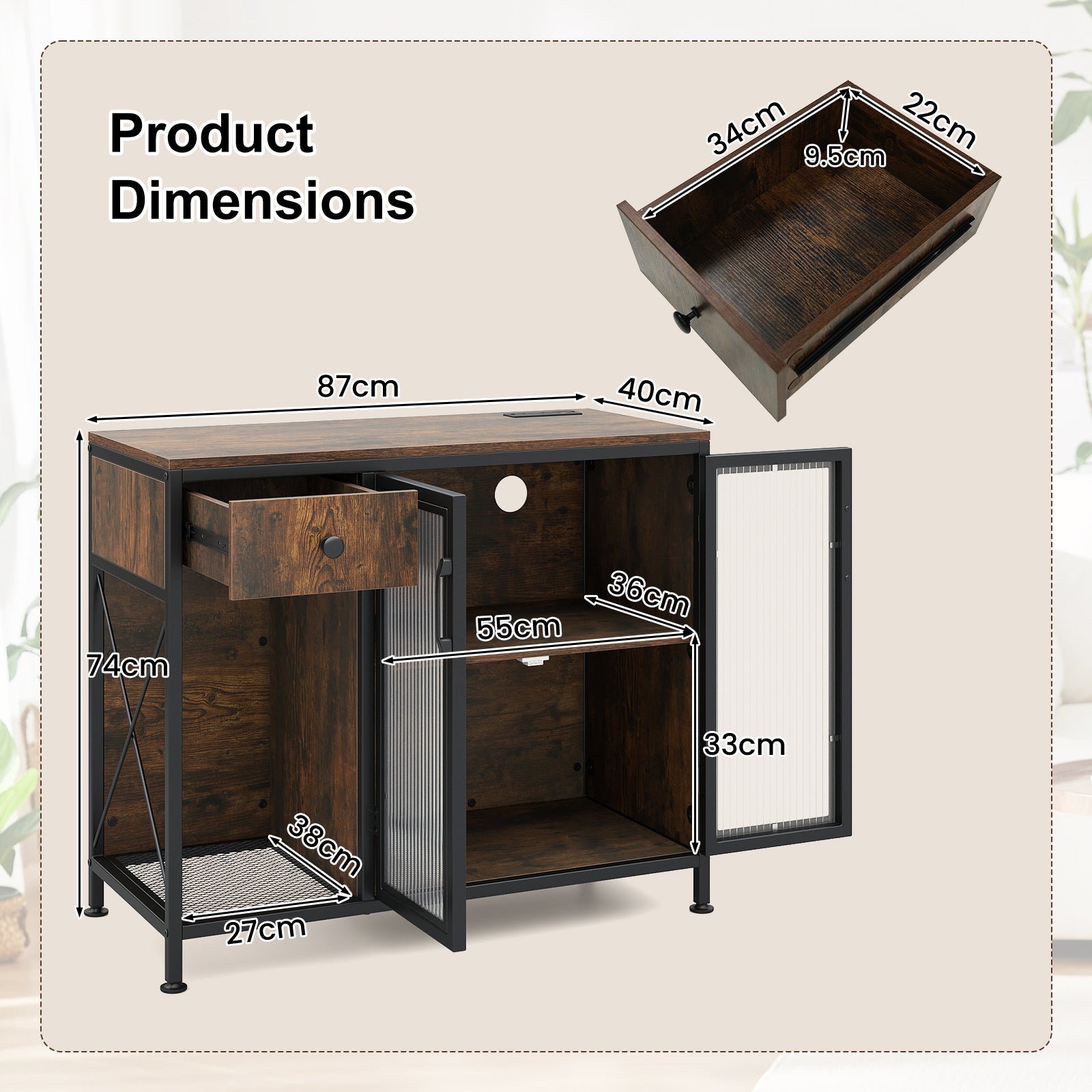 Buffet Sideboard with Power Outlets and LED Light Kitchen Storage Cabinet-Rustic Brown