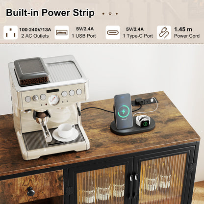 Buffet Sideboard with Power Outlets and LED Light Kitchen Storage Cabinet-Rustic Brown
