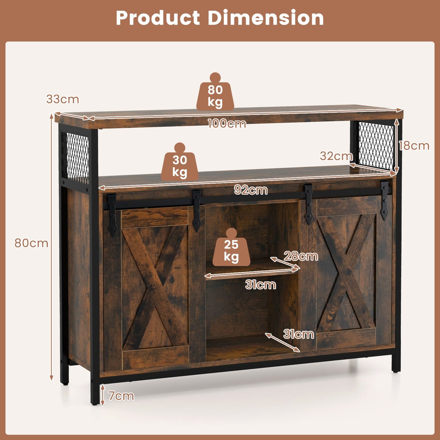 Buffet Cabinet Farmhouse Coffee Bar Cabinet with 3-Level Adjustable Shelves-Rustic Brown