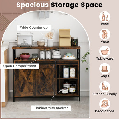 Buffet Cabinet Farmhouse Coffee Bar Cabinet with 3-Level Adjustable Shelves-Rustic Brown