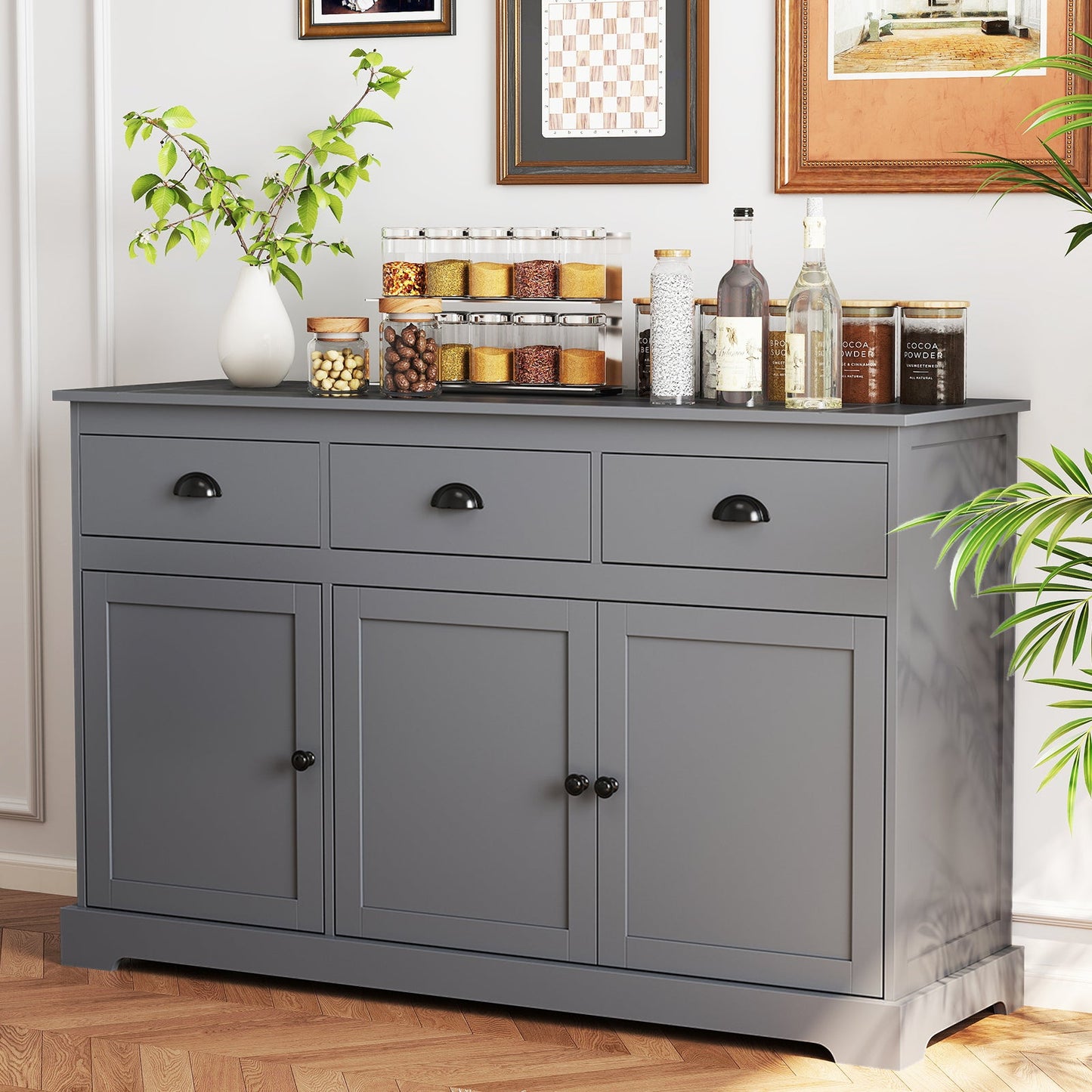 Modern Buffet Sideboard 136cm Storage Cabinet with 3 Drawers-Grey