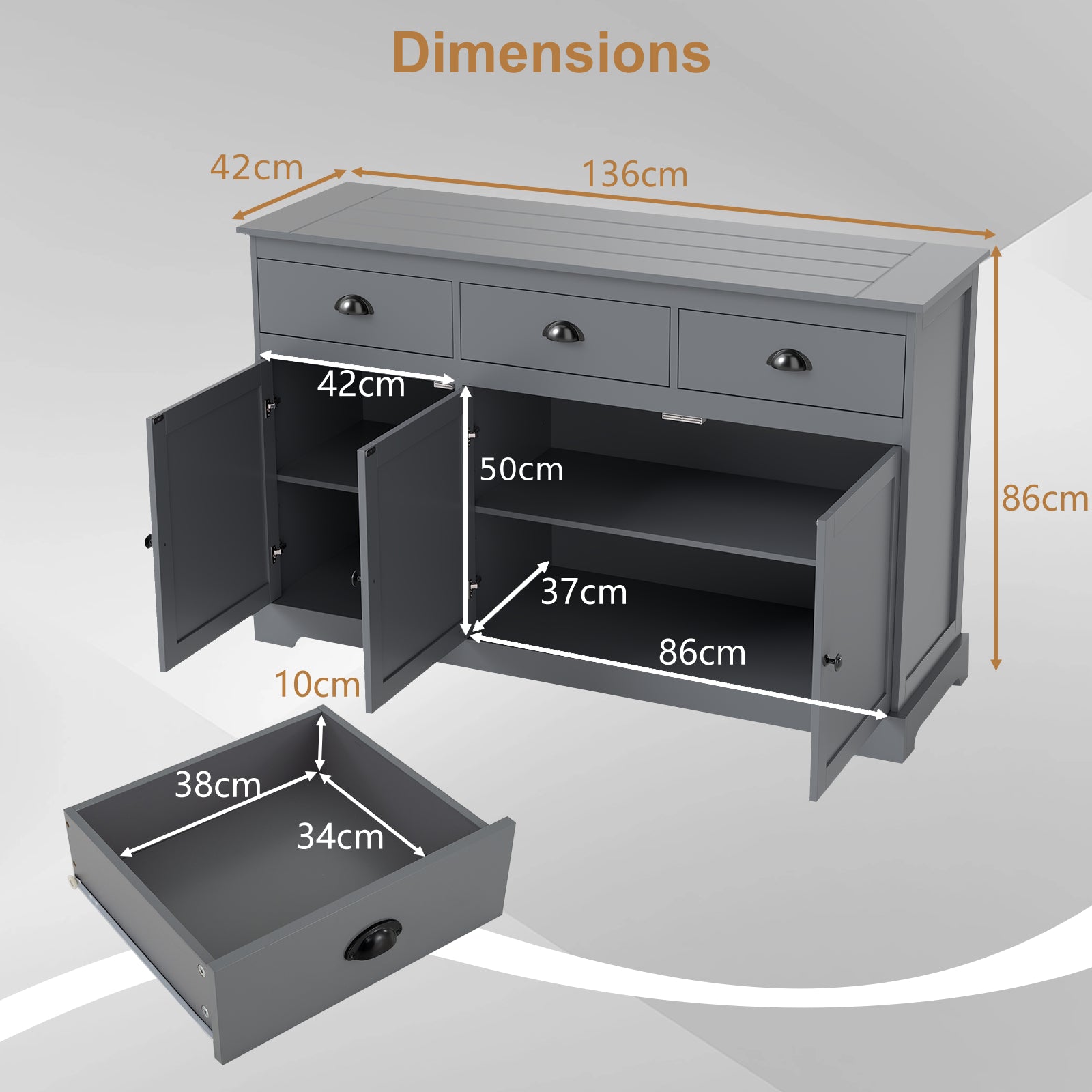 Modern Buffet Sideboard 136cm Storage Cabinet with 3 Drawers-Grey