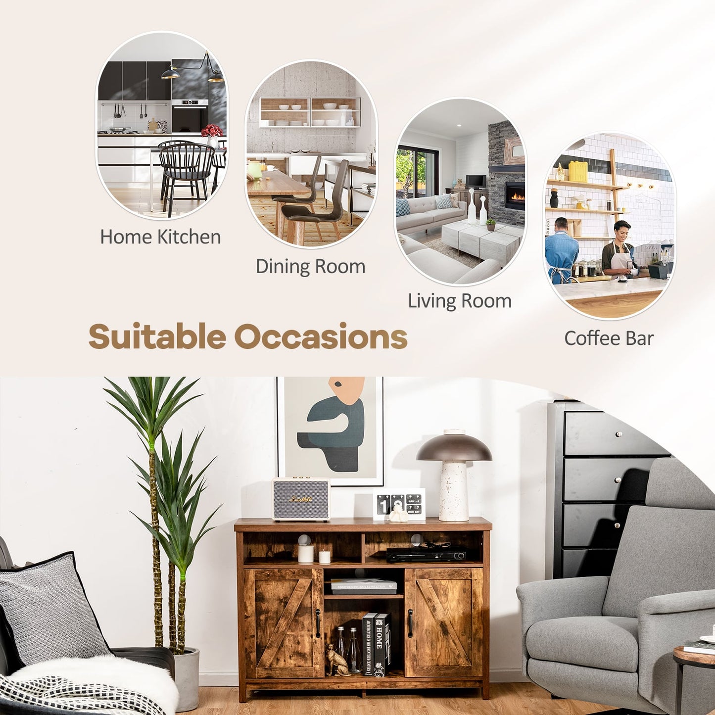 Buffet Storage Cabinet with Detachable 9-Bottle Wine Rack and 2 Door Cabinets-Rustic Brown