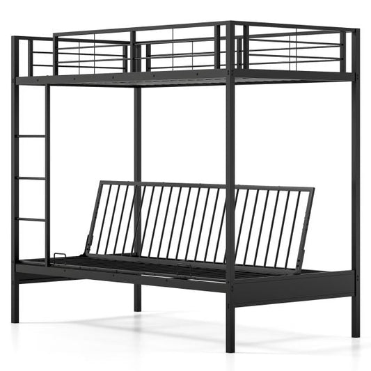 Single Over Futon Bunk Bed with Ladder and Safety Guardrails-Black-Single Size