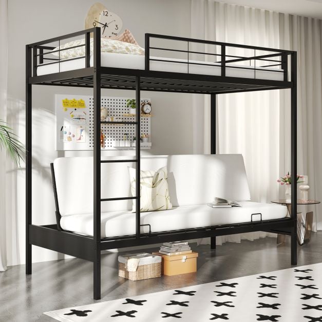 Single Over Futon Bunk Bed with Ladder and Safety Guardrails-Black-Single Size