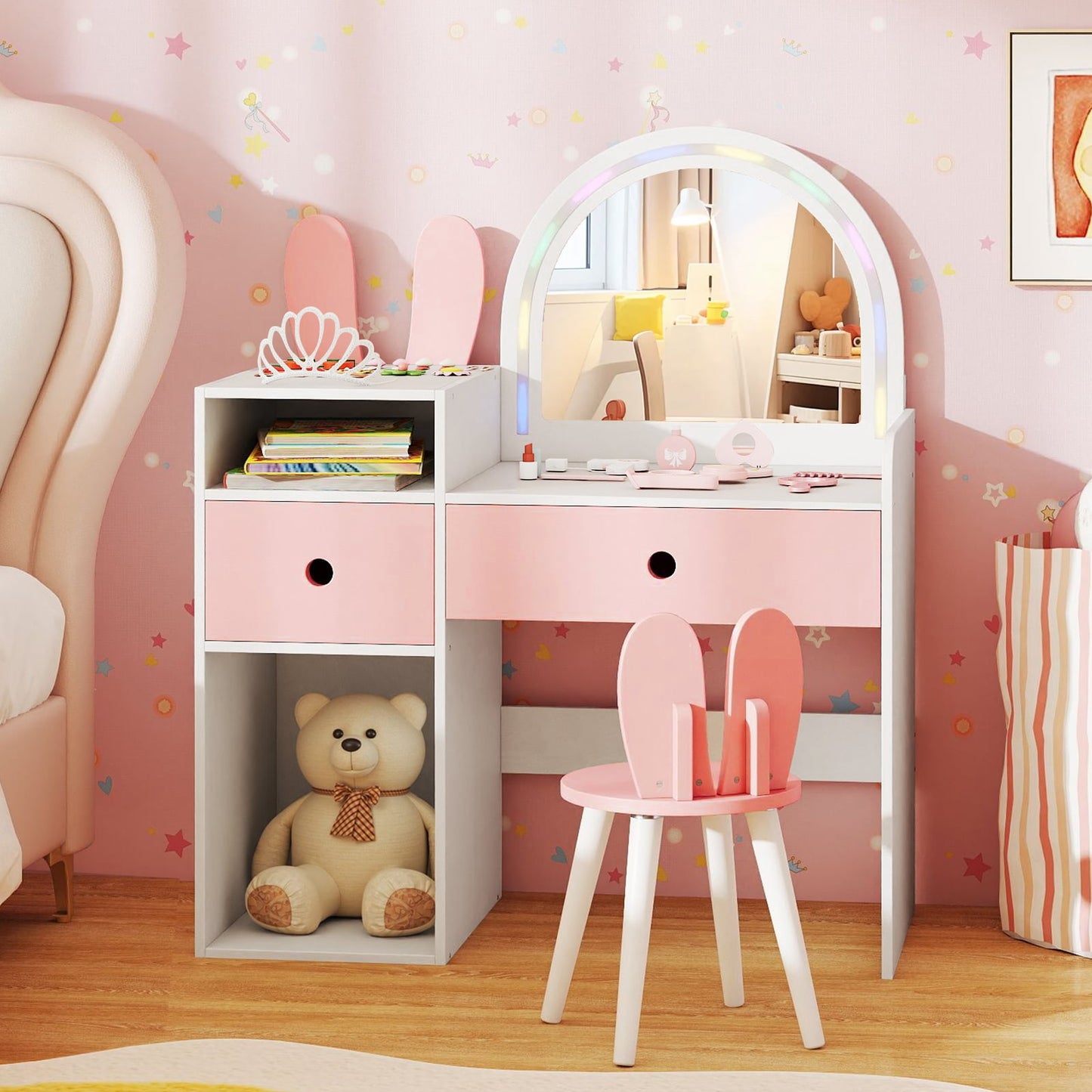 Bunny Kids Vanity Table and Chair Set with Lighted Mirror-Pink & White
