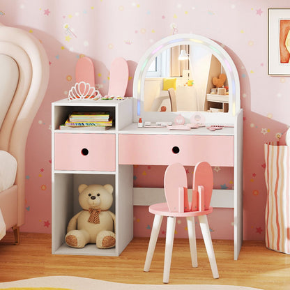 Bunny Kids Vanity Table and Chair Set with Lighted Mirror-Pink & White
