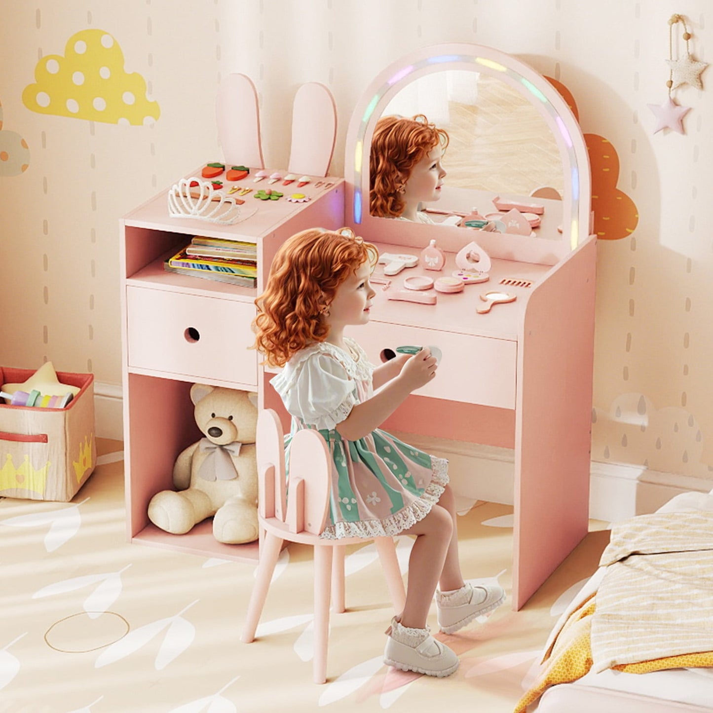 Bunny Kids Vanity Table and Chair Set with Lighted Mirror-Pink