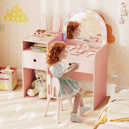 Bunny Kids Vanity Table and Chair Set with Lighted Mirror-Pink
