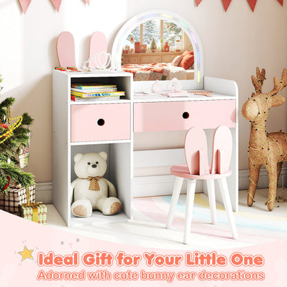 Bunny Kids Vanity Table and Chair Set with Lighted Mirror-Pink & White