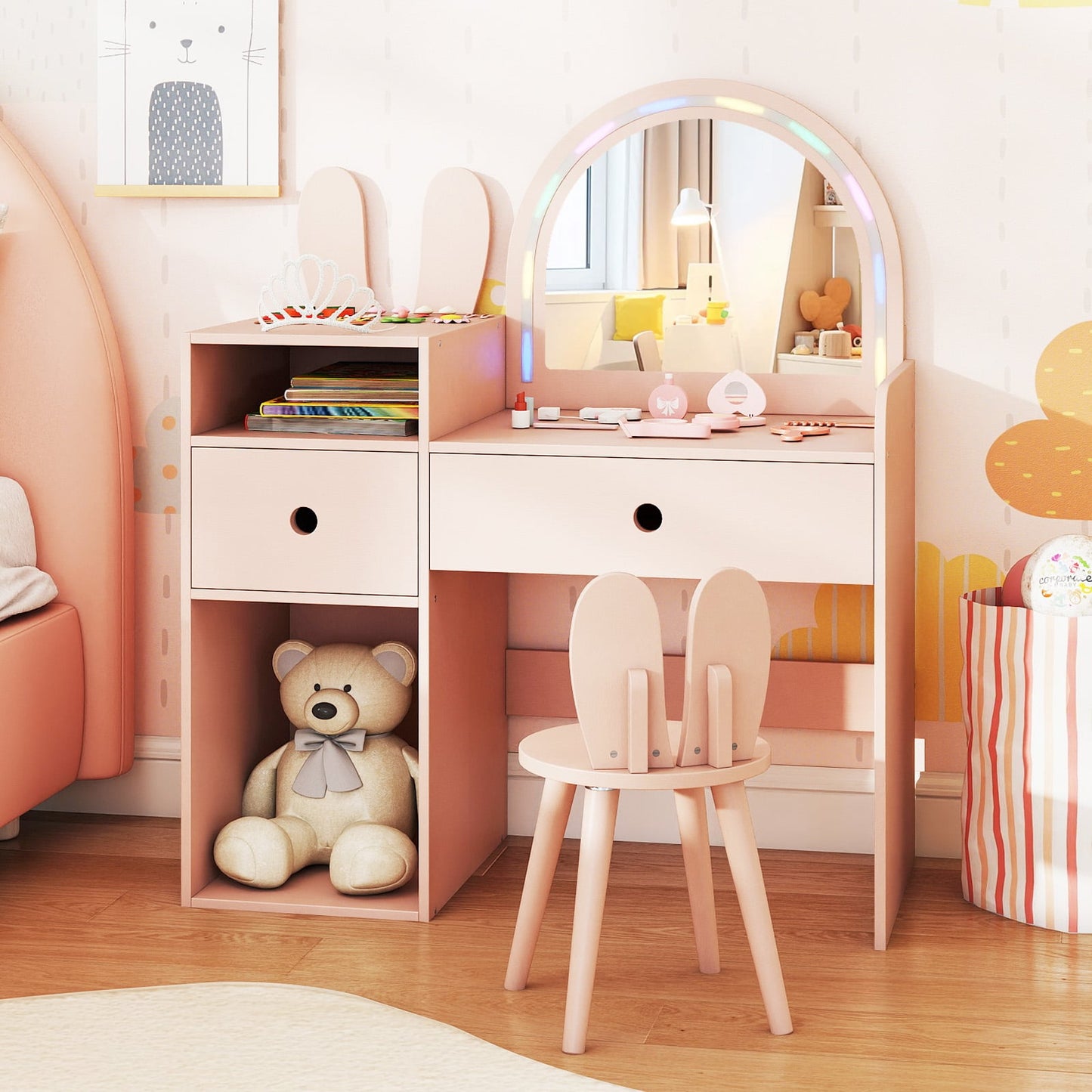Bunny Kids Vanity Table and Chair Set with Lighted Mirror-Pink