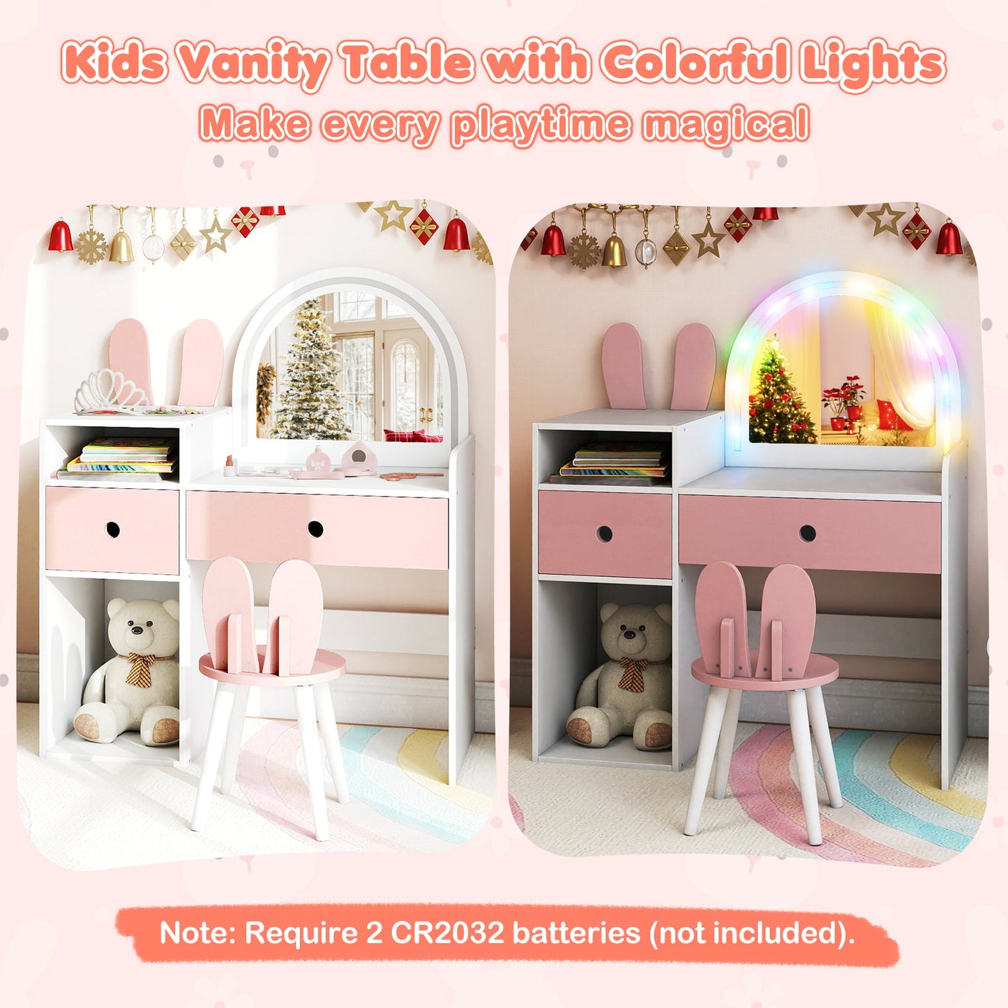 Bunny Kids Vanity Table and Chair Set with Lighted Mirror-Pink & White
