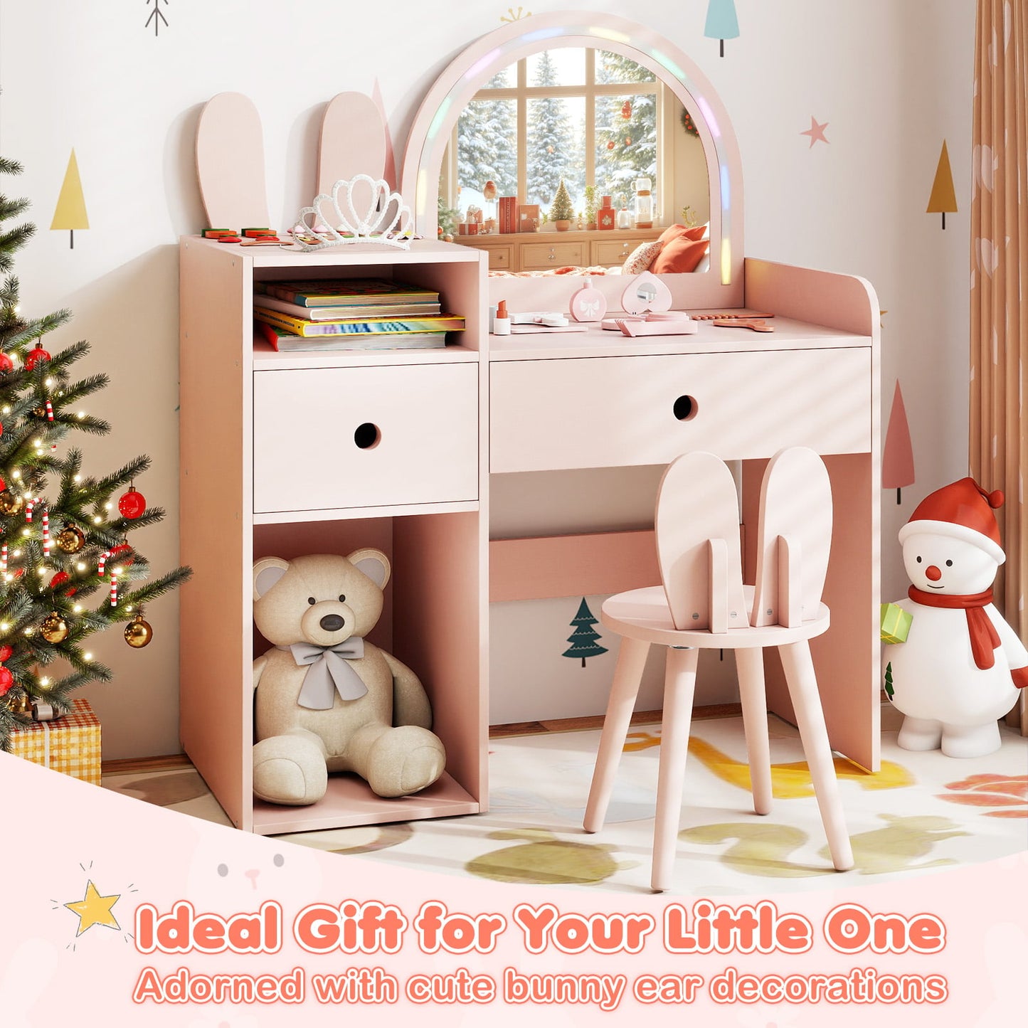 Bunny Kids Vanity Table and Chair Set with Lighted Mirror-Pink