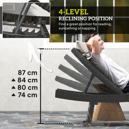 Outsunny Outdoor PE Rattan Sun Lounger, Folding Wicker Garden Lounger Recliner with 4-Level Adjustable Backrest, Rolling Sunbed Lounge Chair with Wheels, Non-Slip Legs for Balcony, Beach, Black