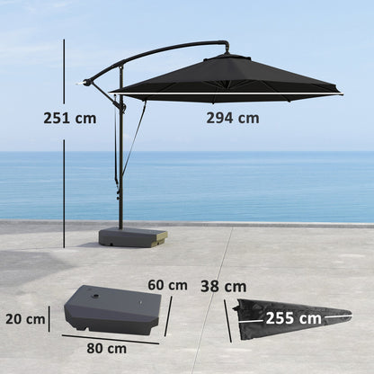 Outsunny 3(m) Parasol ogrodowy z wysięgnikiem i podstawą do napełniania, pasek chroniący przed wiatrem, pokrowiec, okrągły parasol wiszący w kształcie banana z korbką i pochyleniem, parasol tarasowy do ochrony przed słońcem na zewnątrz, UPF50+, szary