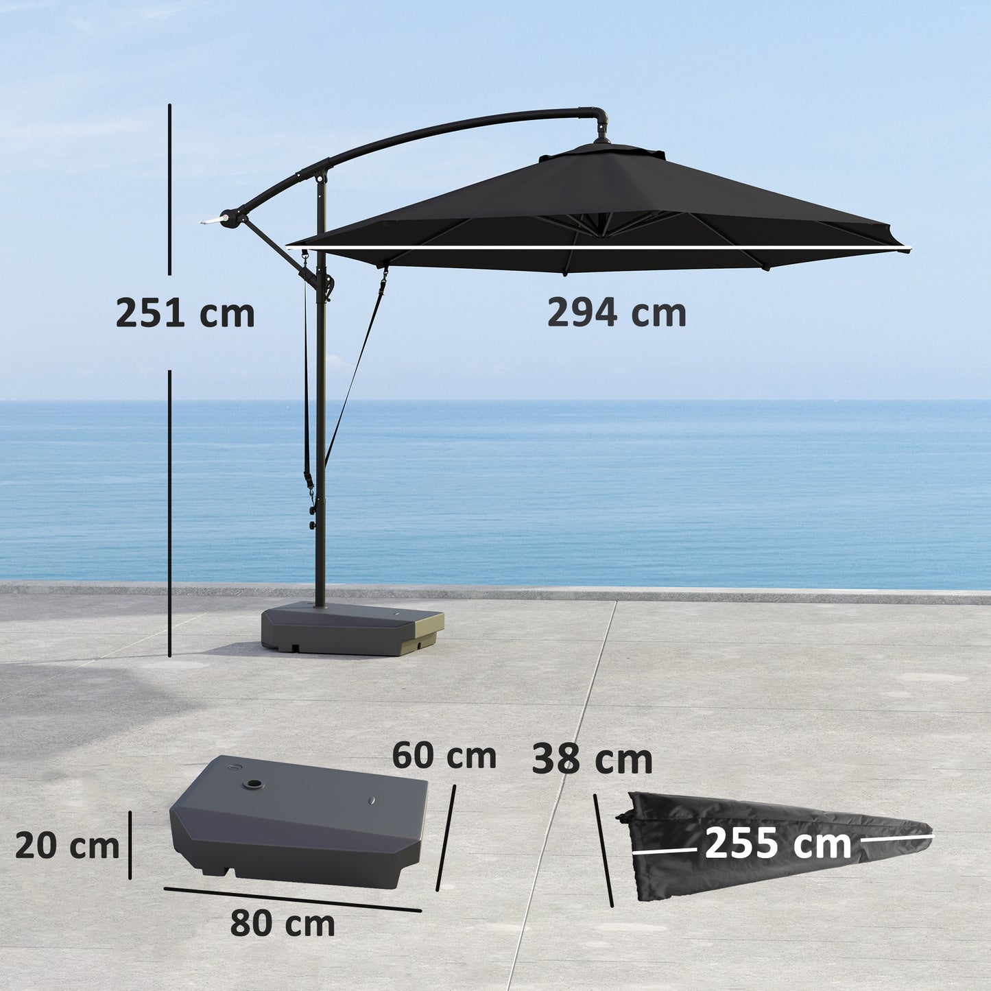 Outsunny 3(m) Parasol ogrodowy z wysięgnikiem i podstawą do napełniania do 90 kg, pasek chroniący przed wiatrem, pokrowiec, okrągły wiszący parasol typu banan z korbką i funkcją pochylania, UPF50+ Parasol tarasowy, szary
