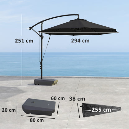 Outsunny 3(m) Parasol ogrodowy z wysięgnikiem i podstawą do napełniania do 90 kg, pasek chroniący przed wiatrem, pokrowiec, okrągły wiszący parasol typu banan z korbką i funkcją pochylania, UPF50+ Parasol tarasowy, szary