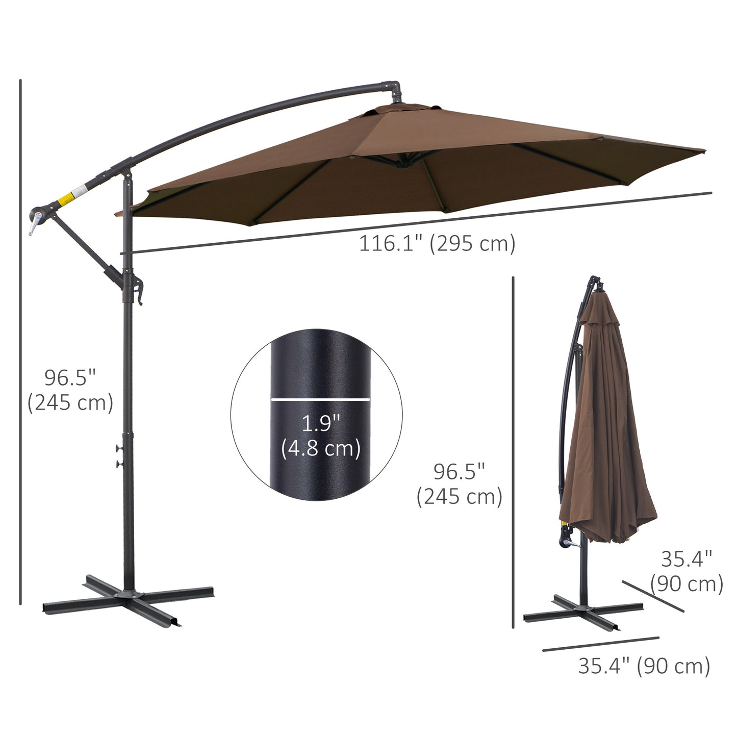 Outsunny 2,45 m parasol z wysięgnikiem, wytrzymały, wodoodporny parasol ogrodowy z podstawą krzyżową, brązowy