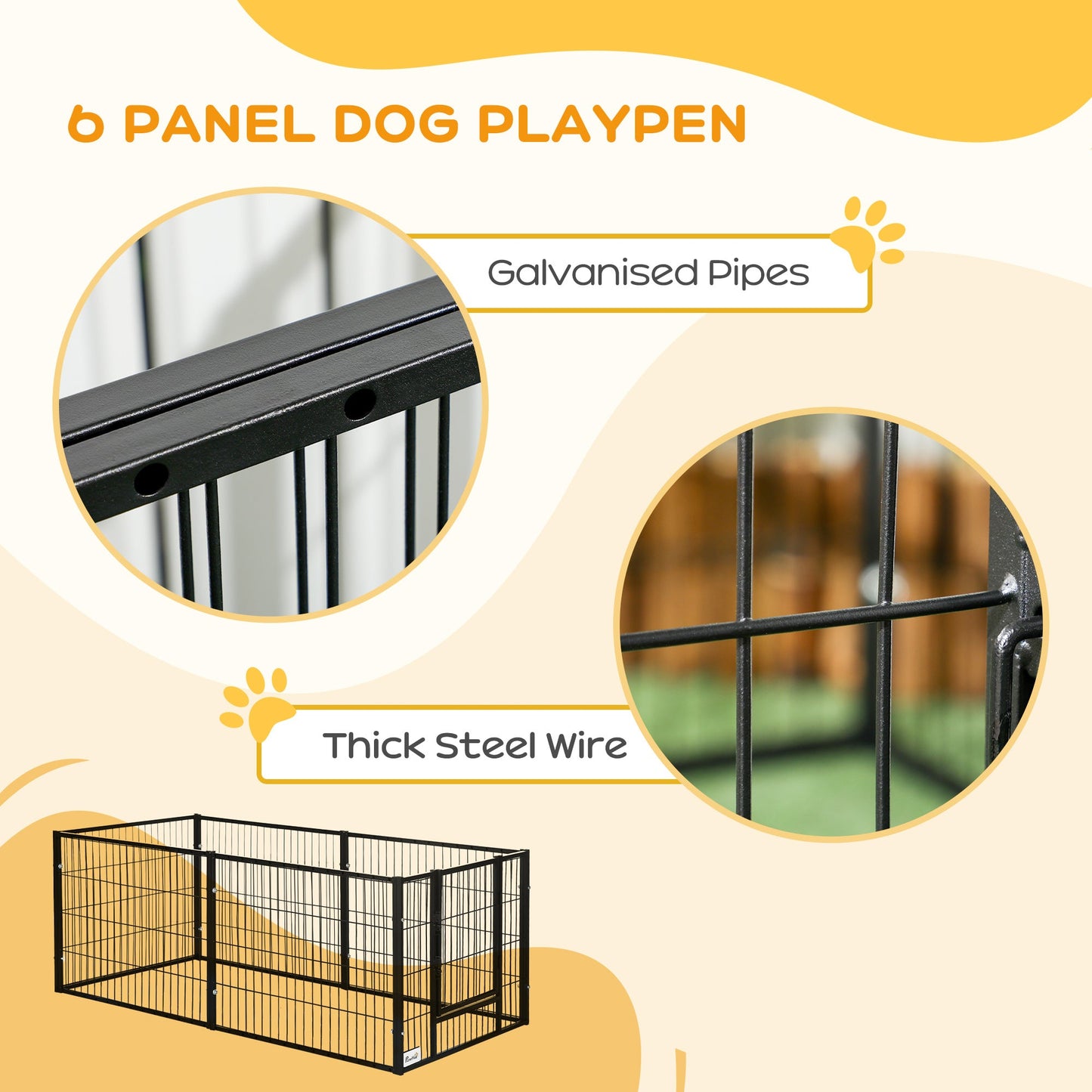 PawHut 82.5-150 x 61cm Heavy Duty Pet Playpen, 6 Panel Exercise Pen for Dogs, with Adjustable Length, for Indoors and Outdoors, Small Dogs