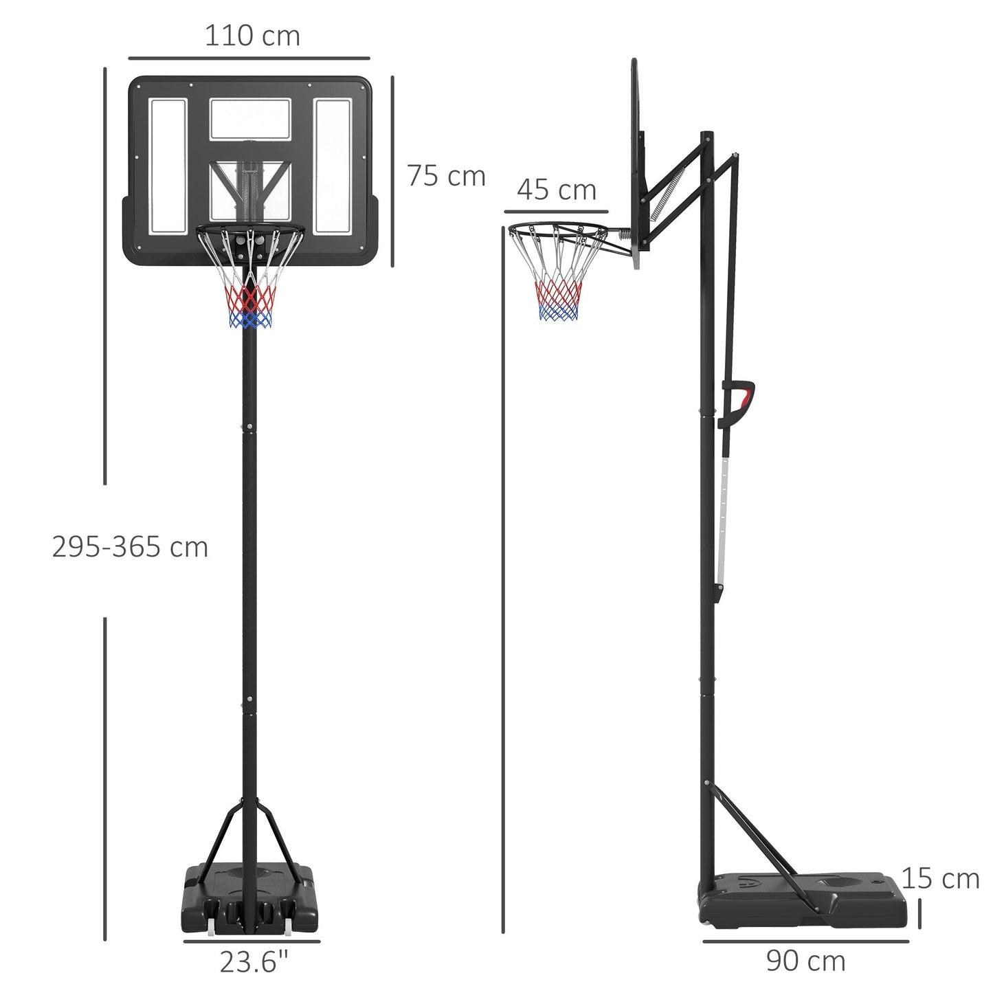 SPORTNOW Height Adjustable Basketball System, Freestanding Basketball Hoop and Stand w/ Wheels, 2.35-3.05M