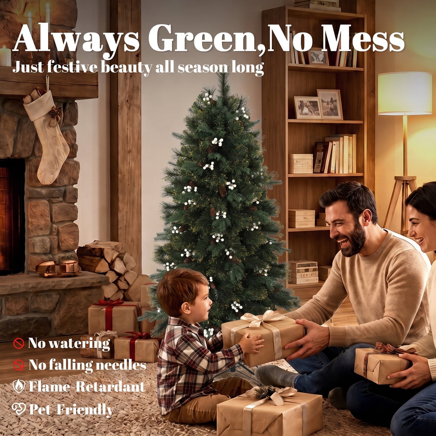 HOMCOM 5ft Artificial Christmas Tree, Fir Hinged Xmas Tree with 490 Branch Tips, Foldable Metal Stand, Easy Assembly, Green