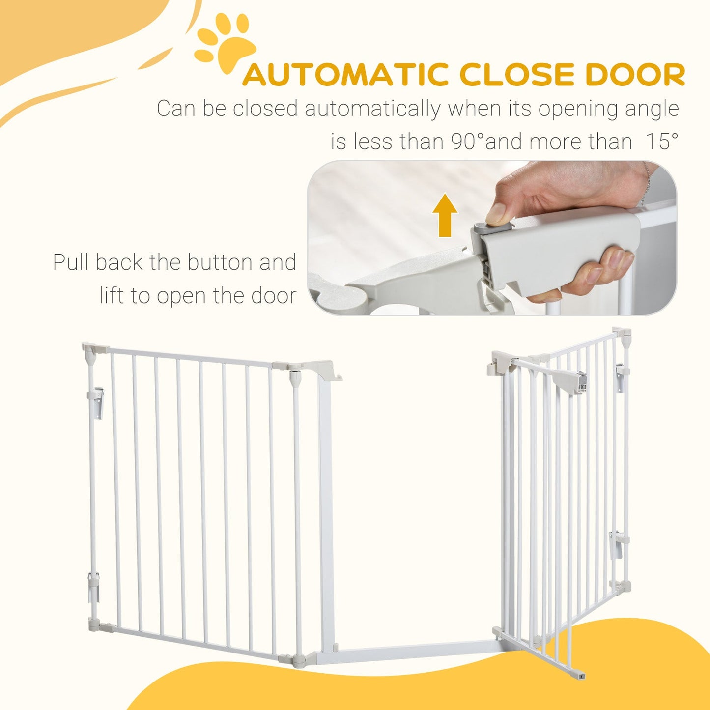 PawHut Pet Safety Gate, 3 Panels Playpen Fireplace, Metal Fence, Stair Barrier, Room Divider w/ Walk-Through Door - White