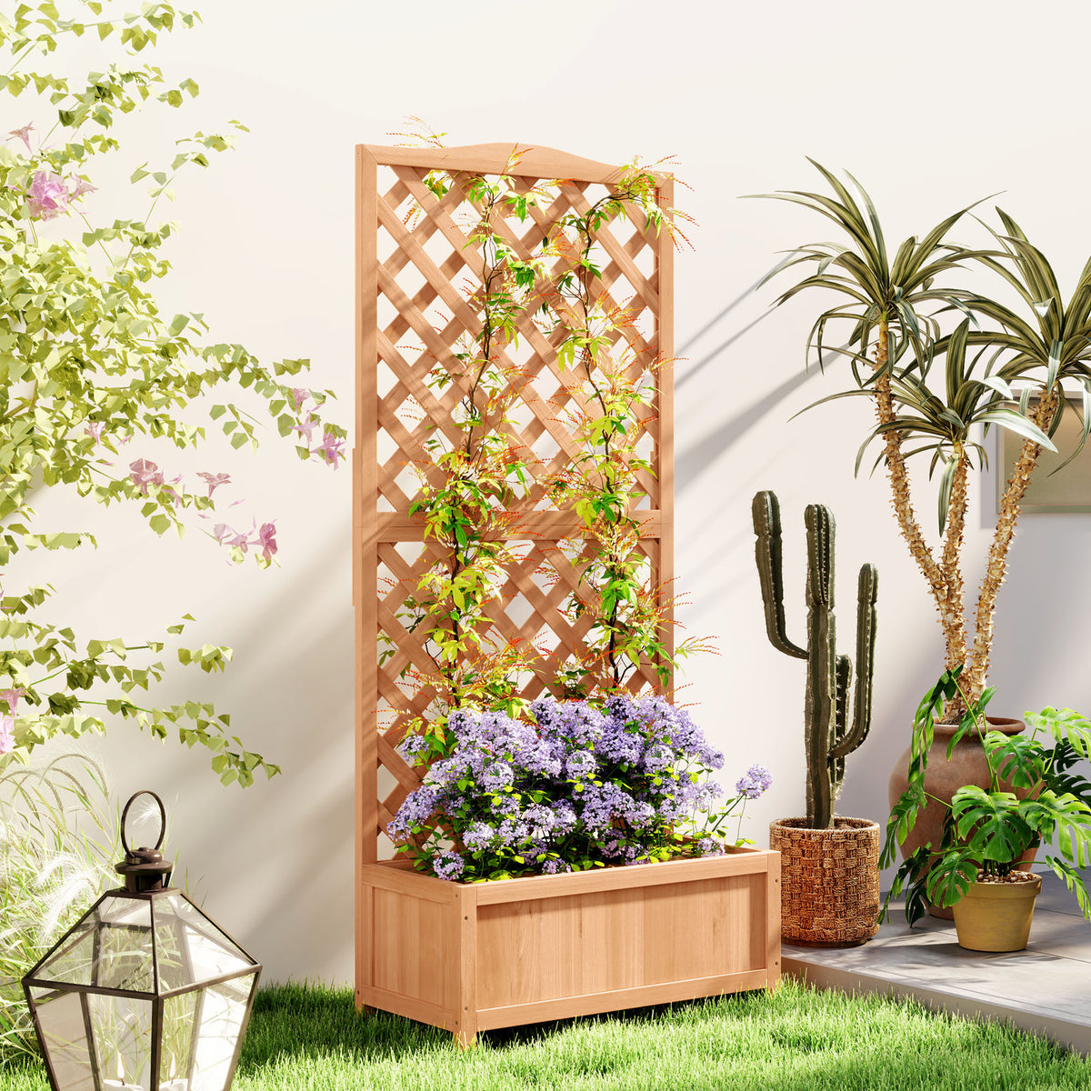 Outsunny Wooden Planter with Trellis, Freestanding Raised Bed for Garden with Lattice, Outdoor Planter Box for Climbing Plants, Vines, Flowers, 76 x 36 x 170 cm, Natural