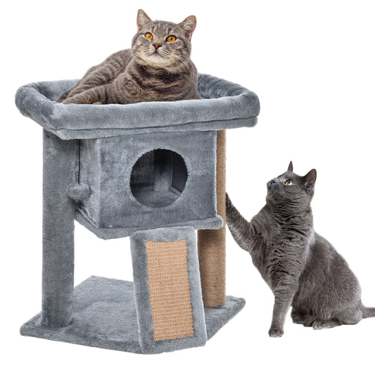 PawHut Cat Tree Tower for Indoor Cats Cat Scratching Post Climbing Activity Centre w/Jute Scratching Pad, Toy Ball, Cat House - Grey