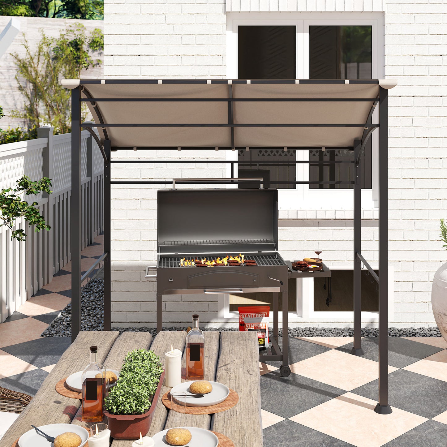Outsunny 2,2 x 1,5 m Namiot ogrodowy z grillem BBQ, metalową ramą, zakrzywionym baldachimem i 10 haczykami, osłona przeciwsłoneczna na zewnątrz, khaki